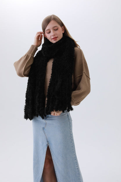 Leto Collection Black Plush Scarf in Boho Chic Style to Stay Warm and Fashionable