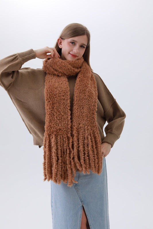 Luxe Bouclé Knit Scarf – Textured Elegance with Fringe