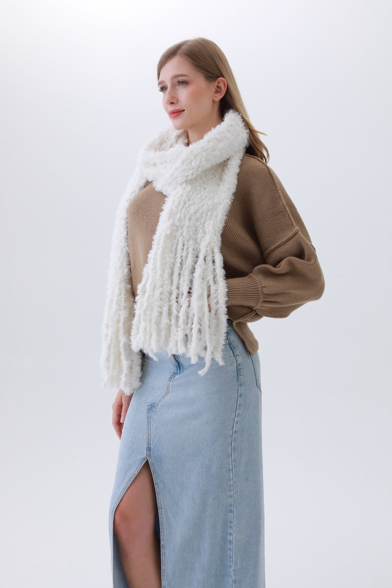 Luxe Bouclé Knit Scarf – Textured Elegance with Fringe???-Soul Flow Apparel