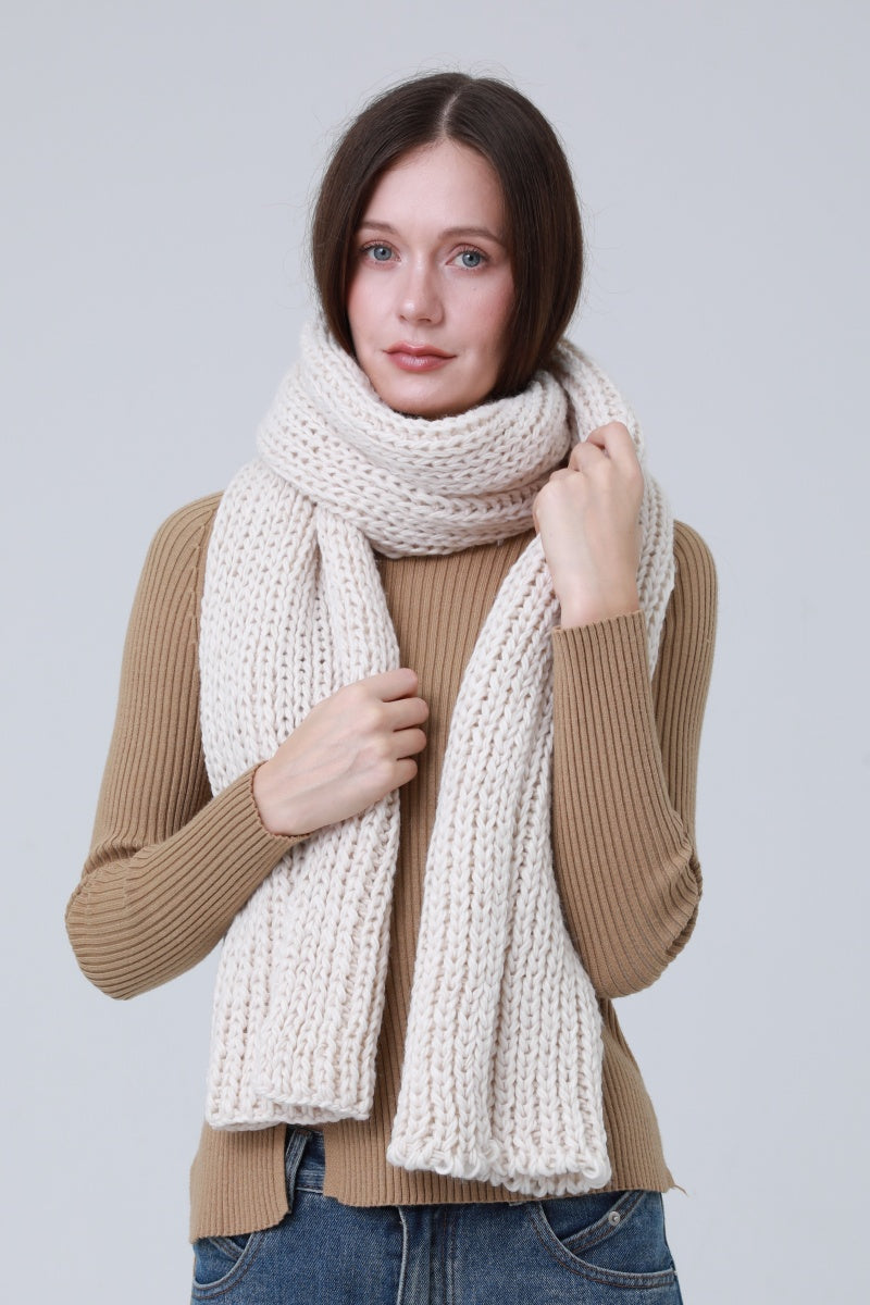 Leto Collection chunky ribbed scarf for women in soft cream color, styled with a cozy outfit