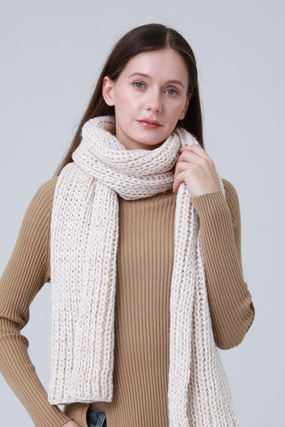 Chunky ribbed scarf for women in creamy beige, perfect for winter layering and warmth
