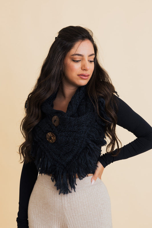 Leto Collection Boho Chic Scarf in Navy with Fringe and Button Detail to Stay Warm