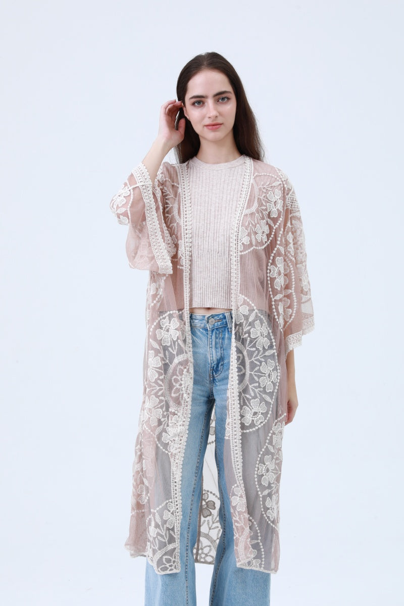 Contrast Mesh Cotton Lace Kimono-Soul Flow Apparel