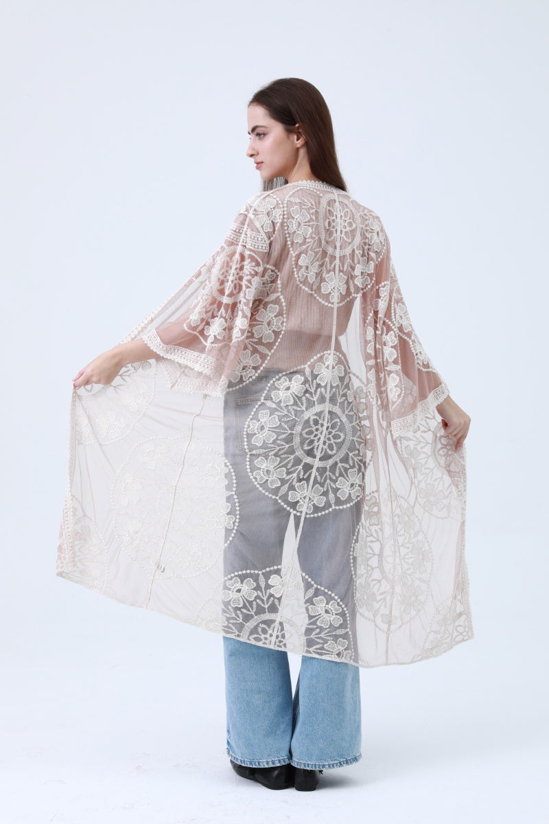 Contrast Mesh Cotton Lace Kimono-Soul Flow Apparel