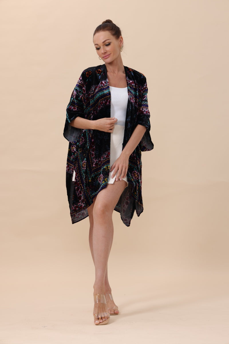 Floral-Stripe Velvet Kimono – Luxe Textures & Modern Tradition?????-Soul Flow Apparel