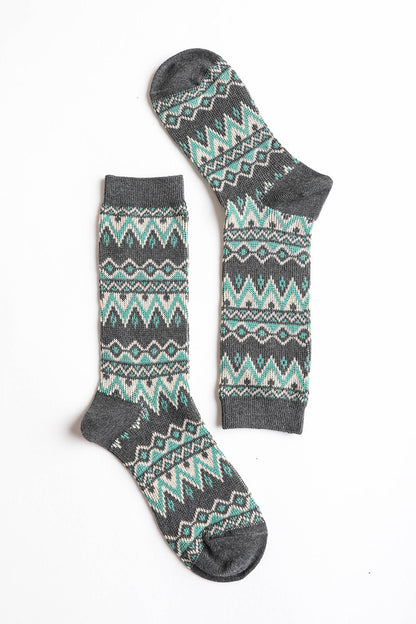 Leto Collection boho tribal pattern socks in gray with teal geometric designs for cozy comfort