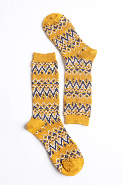 Leto Collection boho tribal pattern socks in yellow with geometric designs for stylish comfort