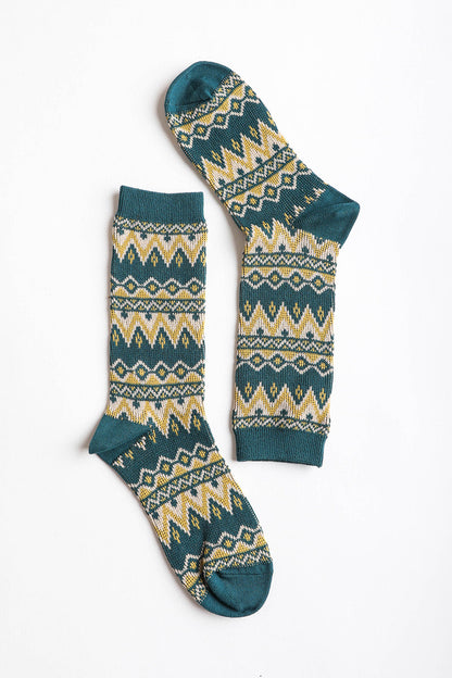 Leto Collection boho tribal pattern socks in teal, yellow, and cream with a stylish geometric design