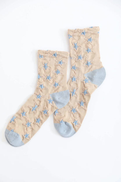 Leto Collection Boho Star Socks in Beige with Blue Star Patterns and Soft Fabric for Comfortable Wear
