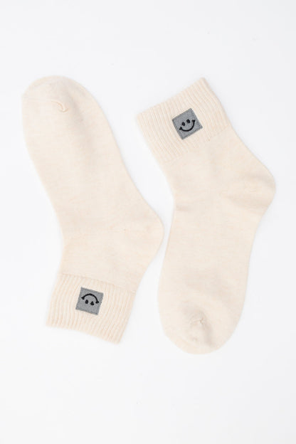 Leto Collection Smiley Face Socks in Beige with Soft Cotton Blend and Cute Logo Patch