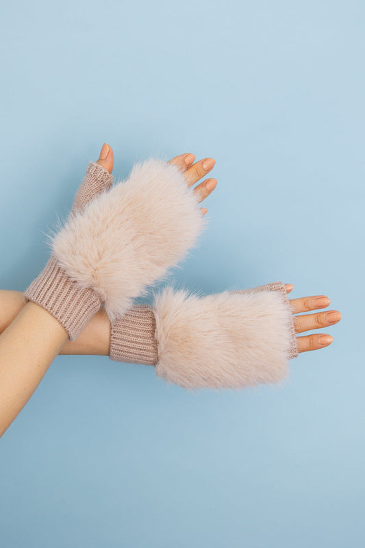 Faux Fur Trim Fingerless Knit Mittens-Soul Flow Apparel
