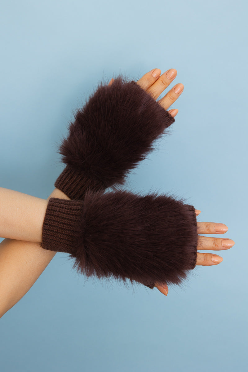 Faux Fur Trim Fingerless Knit Mittens-Soul Flow Apparel