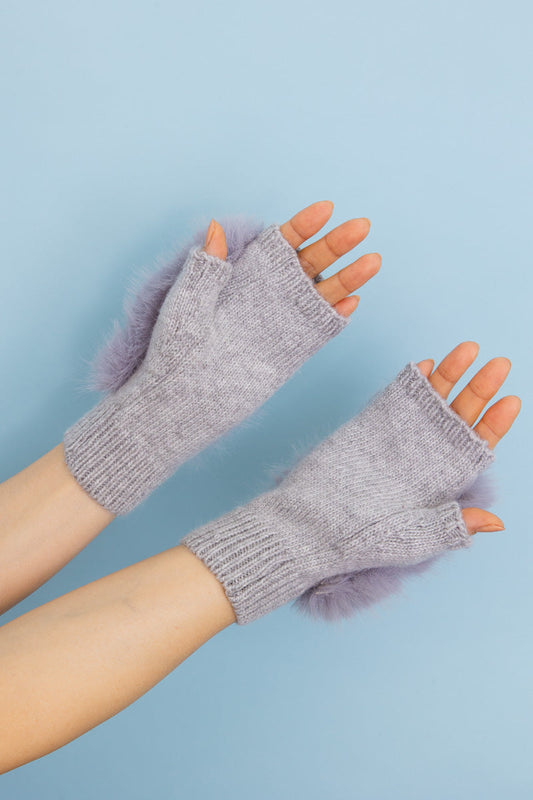 Faux Fur Trim Fingerless Knit Mittens-Soul Flow Apparel
