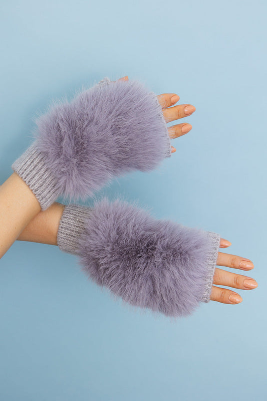 Faux Fur Trim Fingerless Knit Mittens-Soul Flow Apparel