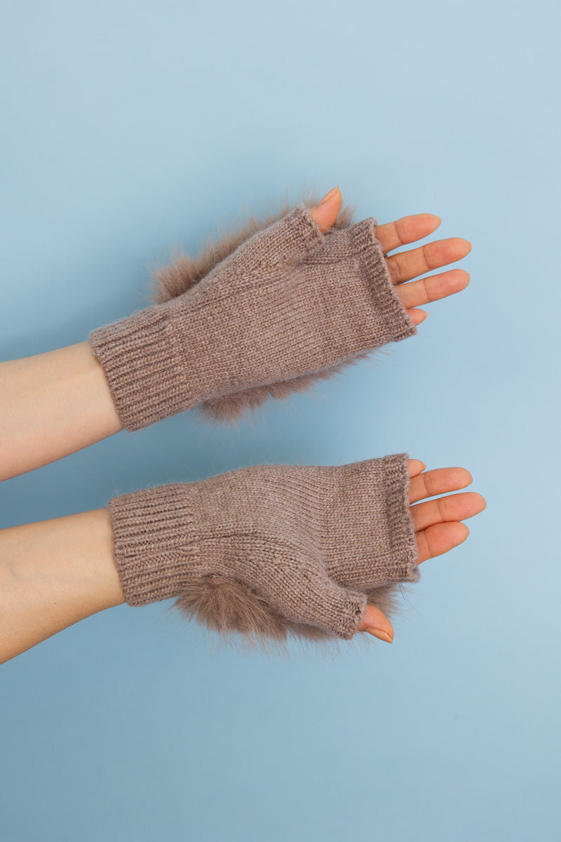 Faux Fur Trim Fingerless Knit Mittens-Soul Flow Apparel