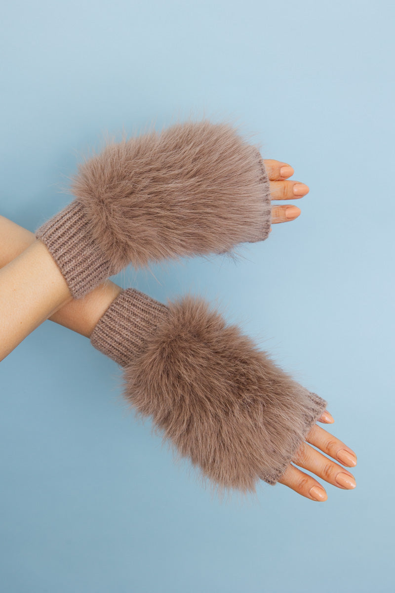 Faux Fur Trim Fingerless Knit Mittens-Soul Flow Apparel