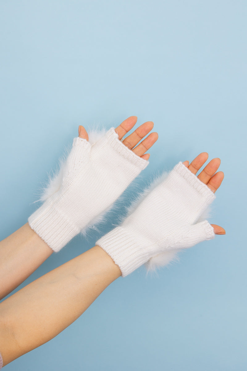 Faux Fur Trim Fingerless Knit Mittens-Soul Flow Apparel