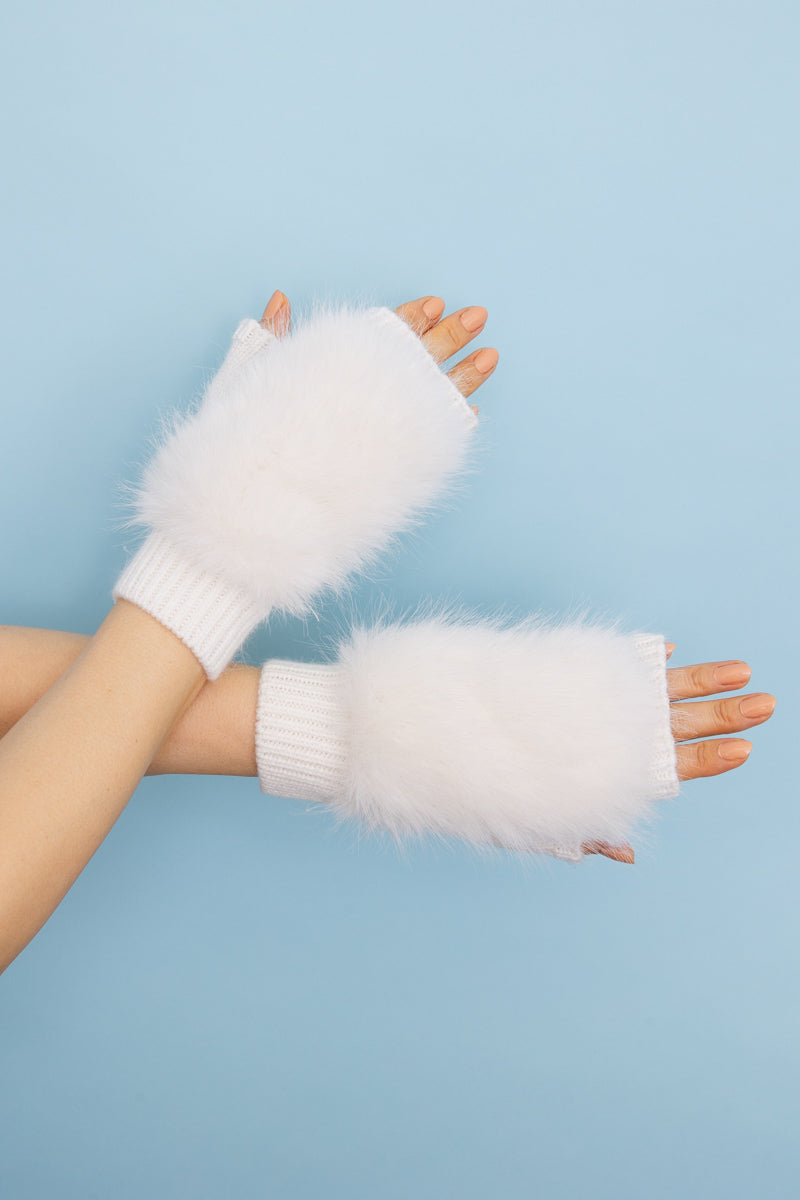 Faux Fur Trim Fingerless Knit Mittens-Soul Flow Apparel