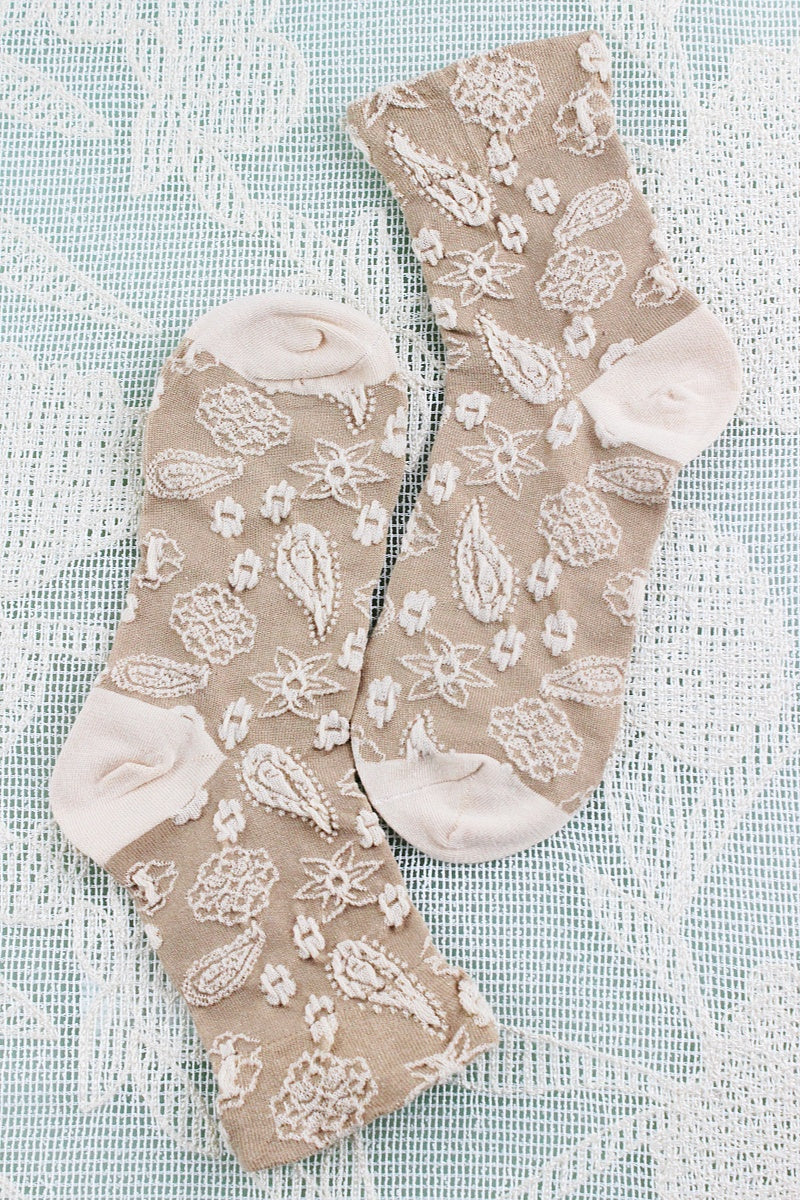 Leto Collection boho cashew print socks in a cream and beige pattern for stylish comfort