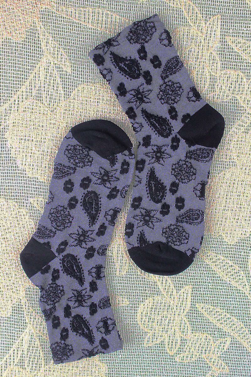 Leto Collection boho cashew print socks in gray with black detailing and unique pattern design