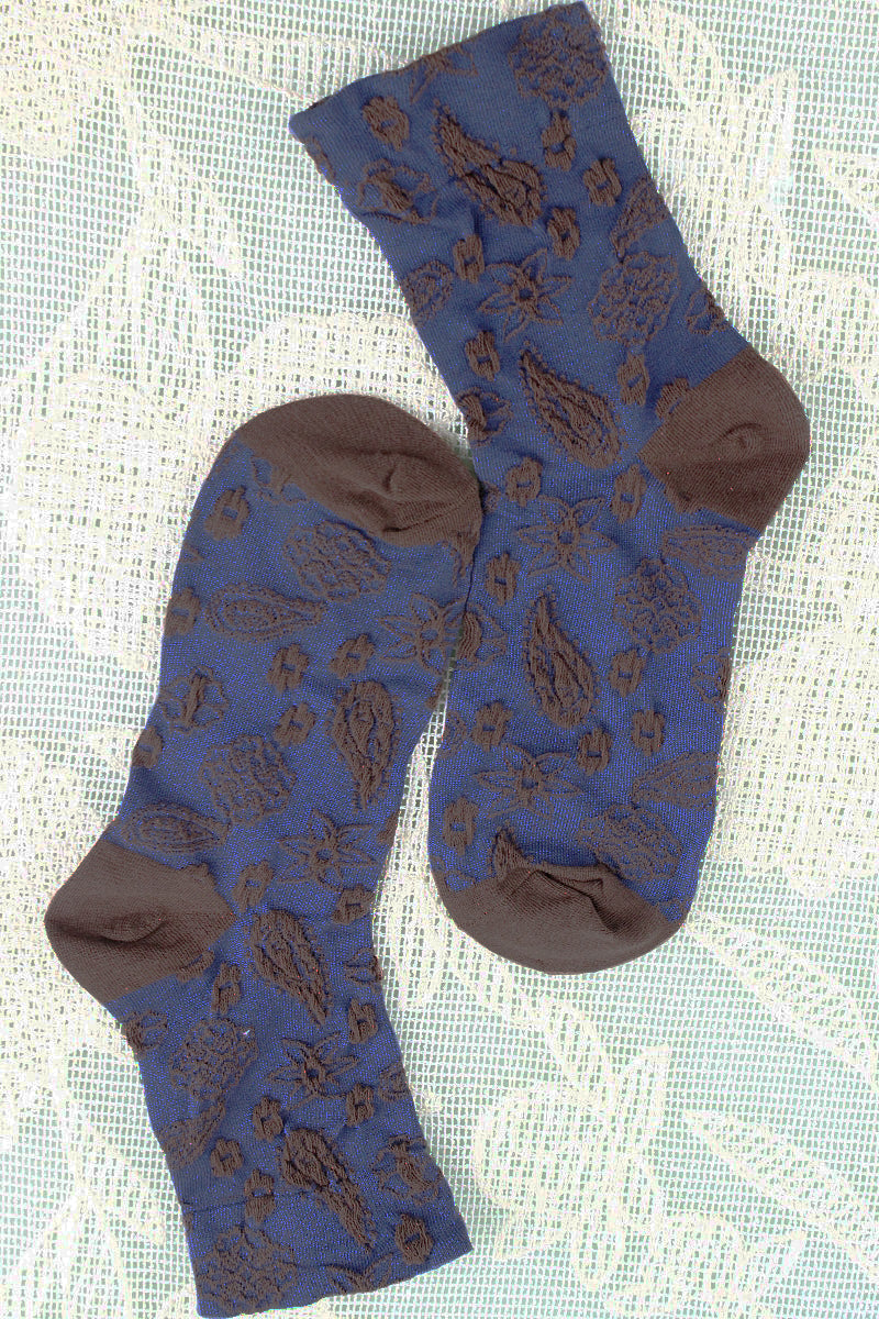 Leto Collection boho cashew print socks in blue with intricate leaf designs for a stylish look