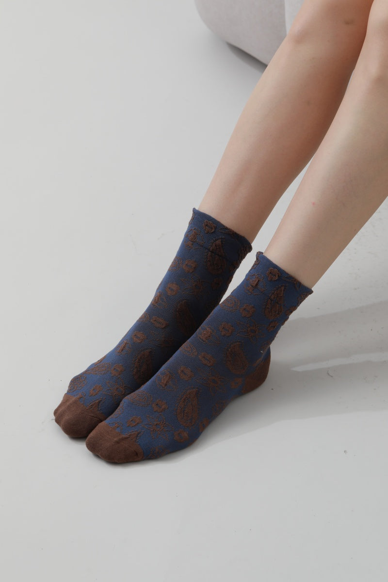 Leto Collection boho cashew print socks in blue with floral designs for stylish comfort