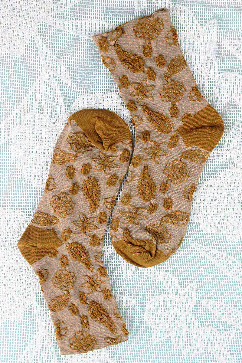 Leto Collection boho cashew print socks in tan with a unique floral design