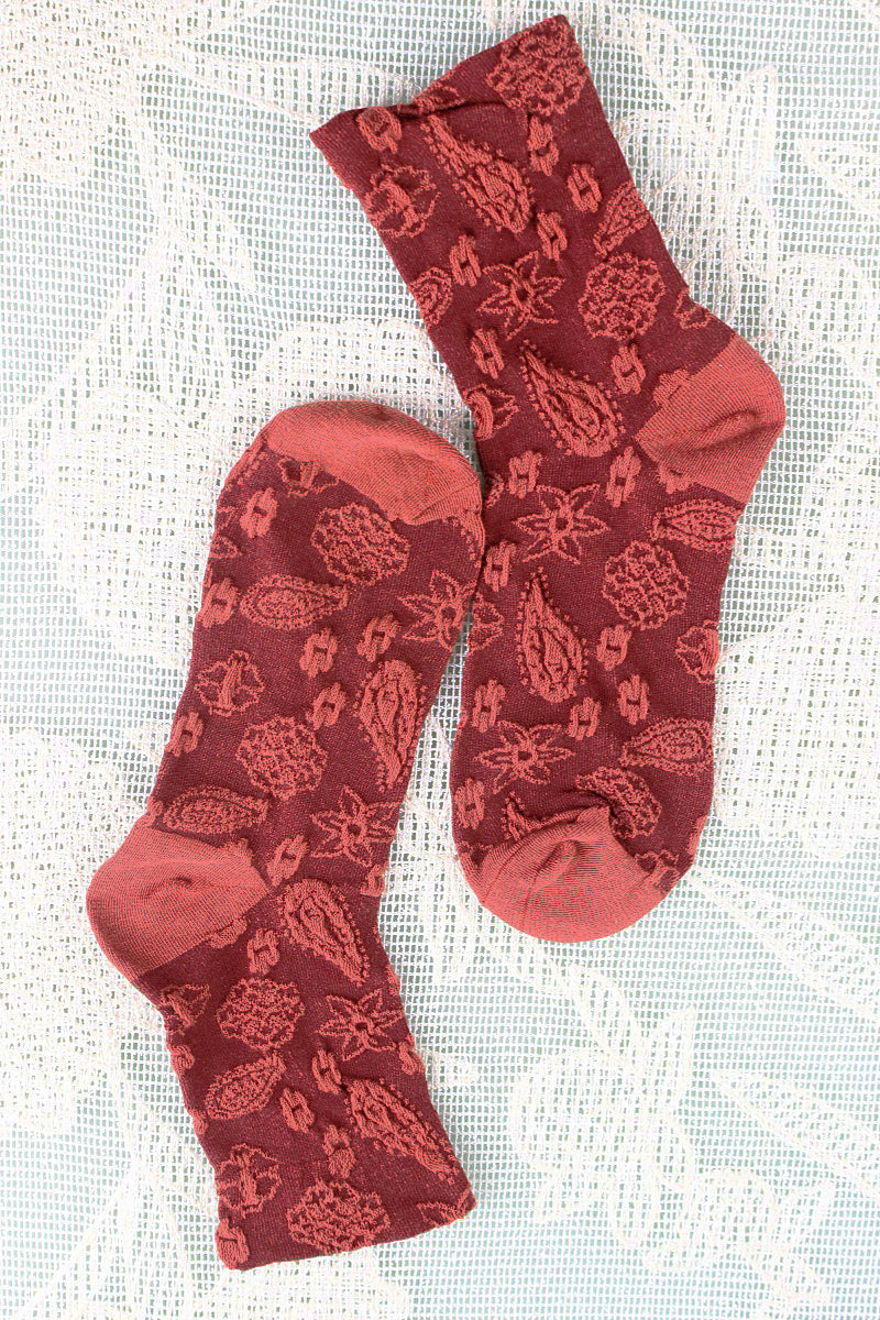 Leto Collection Boho Cashew Print Socks in Burgundy with Intricate Floral Patterns