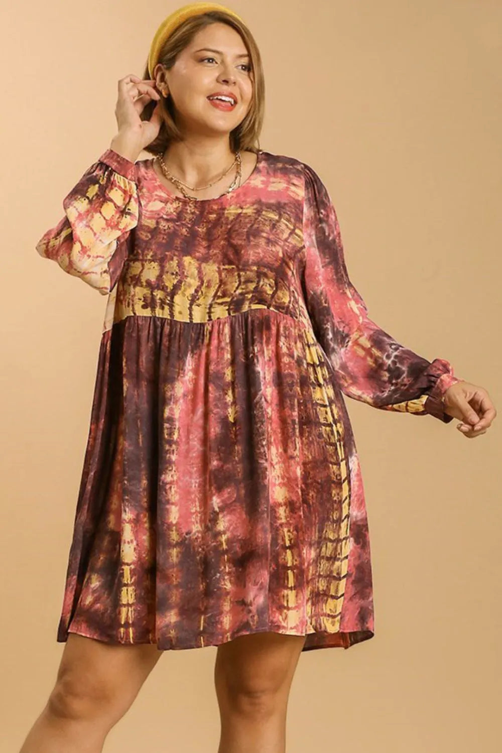 Umgee Full Size Tie Dye Long Sleeve Babydoll Dress with Keyhole Plus Size CORAL/MOCHA / XL Umgee Full Size Tie Dye Long Sleeve Babydoll Dress with Keyhole Plus Size CORAL/MOCHA / XL