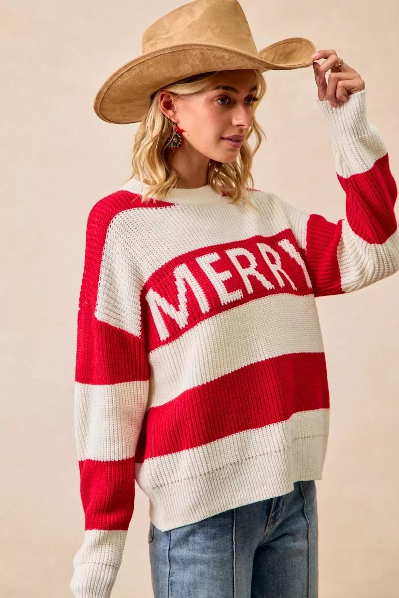 Cozy Merry Christmas sweater for women in red and white stripes, perfect for holiday celebrations