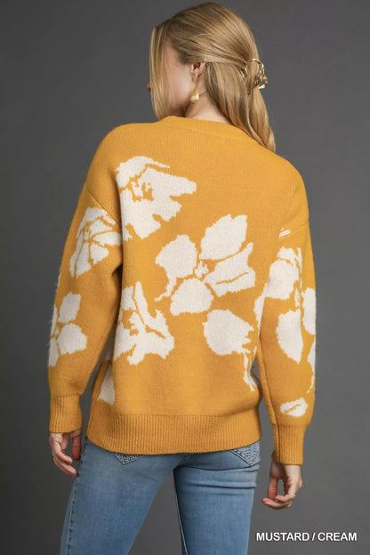 Umgee floral long sleeve sweater in mustard and cream with a cozy oversized fit