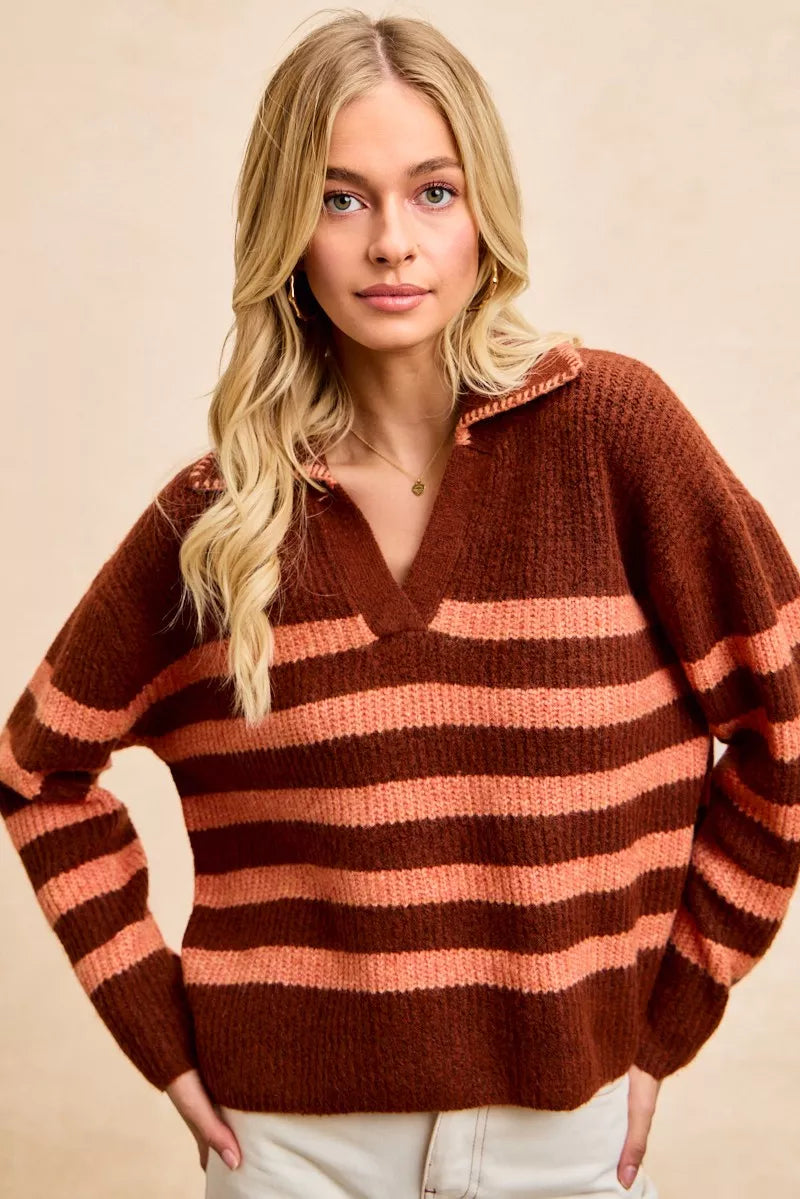 Brown and peach striped sweater top for women with a V-neck and relaxed fit