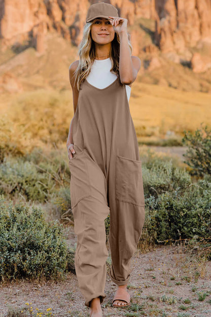 Boho v-neck sleeveless jumpsuit in brown with pockets, perfect for outdoor summer fashion