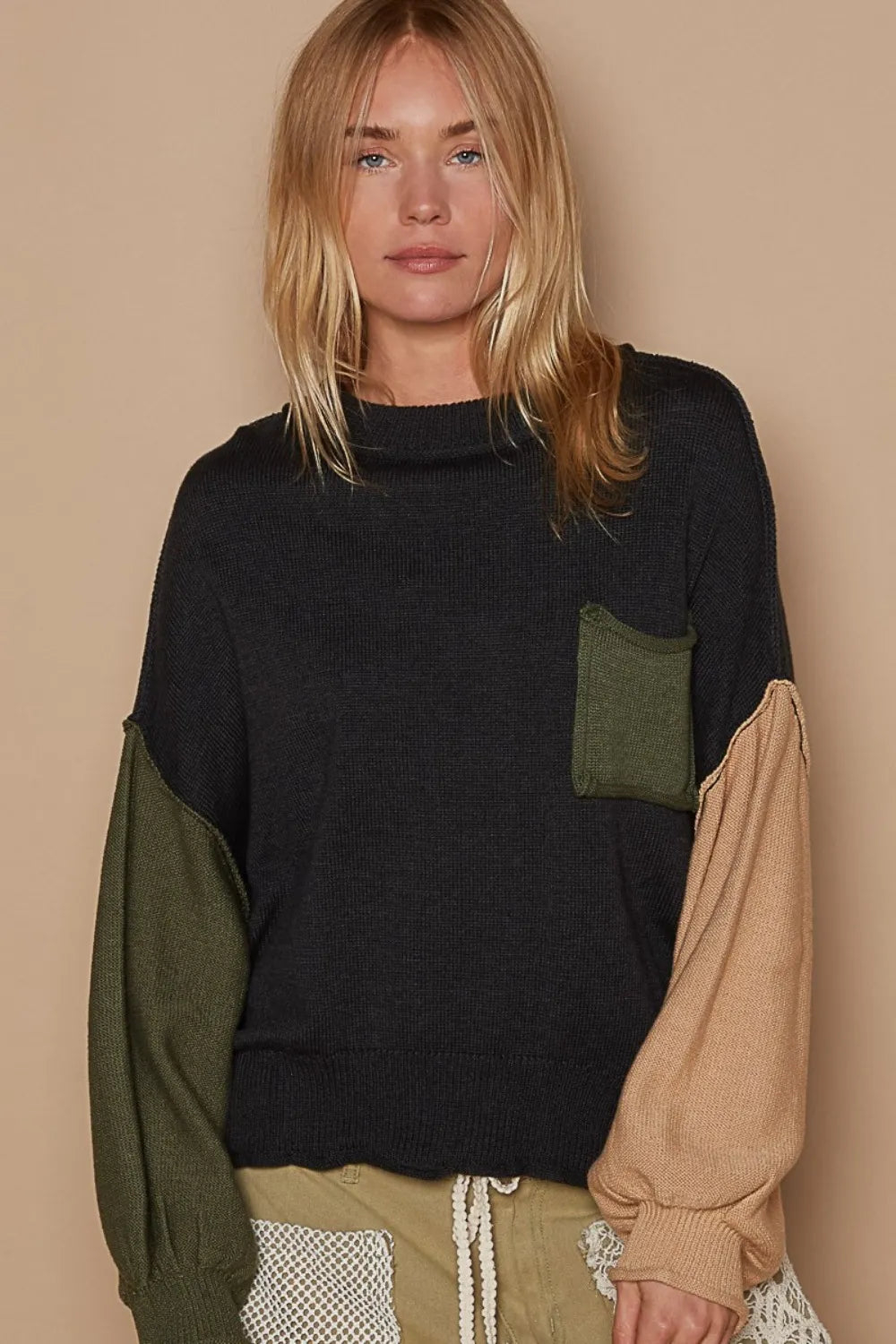 Trendsi boho color block sweater in black, green, and tan with relaxed fit and pocket detail