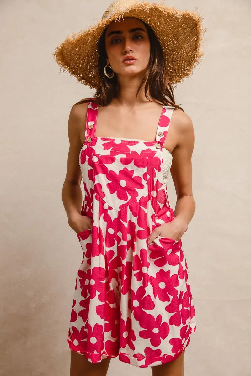 Trendsi floral print short overalls for women in pink and white with pockets for a stylish summer look