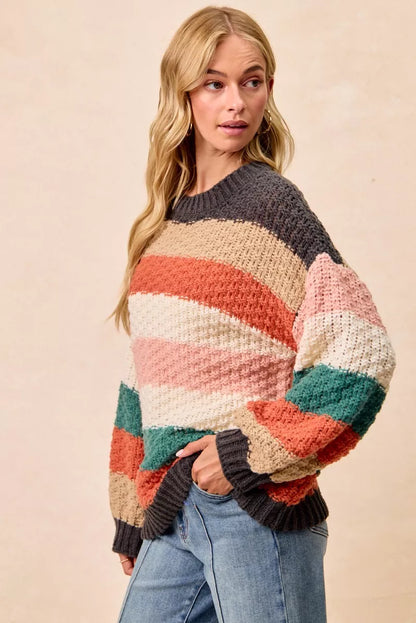 Trendsi boho color block sweater in multi-colored stripes, perfect for casual fall outfits