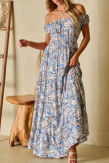 Boho Paisley Print Off Shoulder Maxi Dress-Soul Flow Apparel