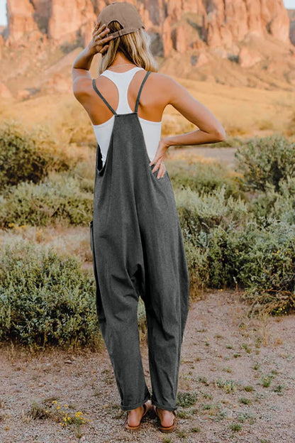 Trendsi boho v-neck sleeveless jumpsuit in gray with a relaxed fit, perfect for casual outings.
