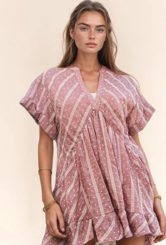 Davi & Dani Embroidery V Neck Short Sleeve Ruffled Mini Dress-Soul Flow Apparel