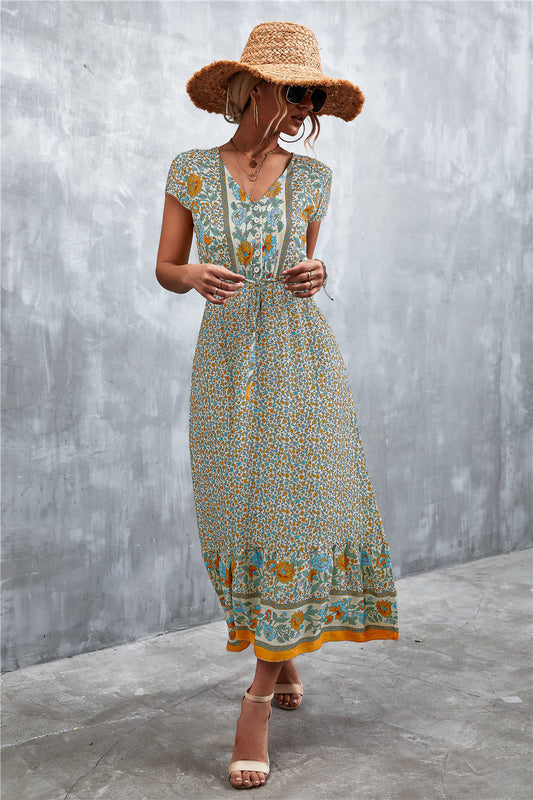 V-Neck Short Sleeve Printed Maxi Dress-Soul Flow Apparel