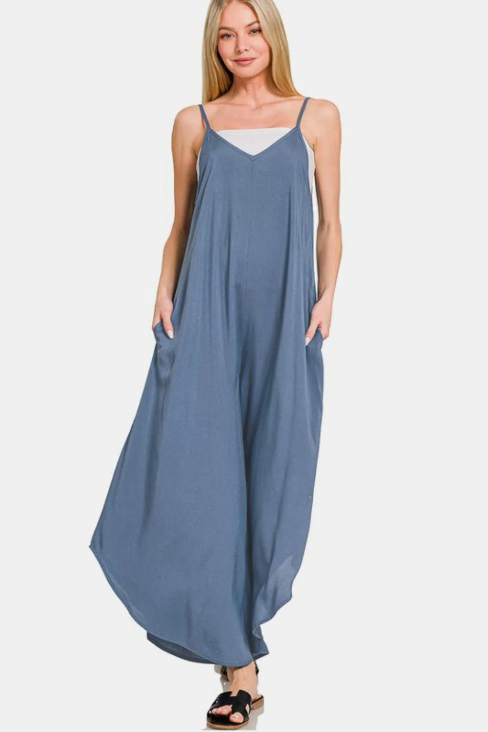 Zenana Spaghetti Strap Wide Leg Overalls with Pockets-Soul Flow Apparel