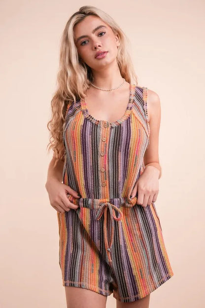 Trendsi boho striped summer romper in vibrant colors with button details and a drawstring waist
