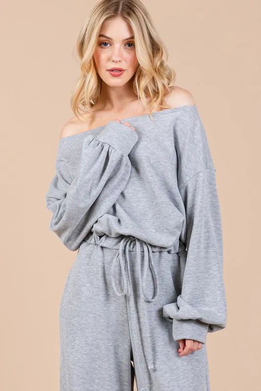 Trendsi boho long sleeve jumpsuit in gray with an off-shoulder neckline and relaxed fit