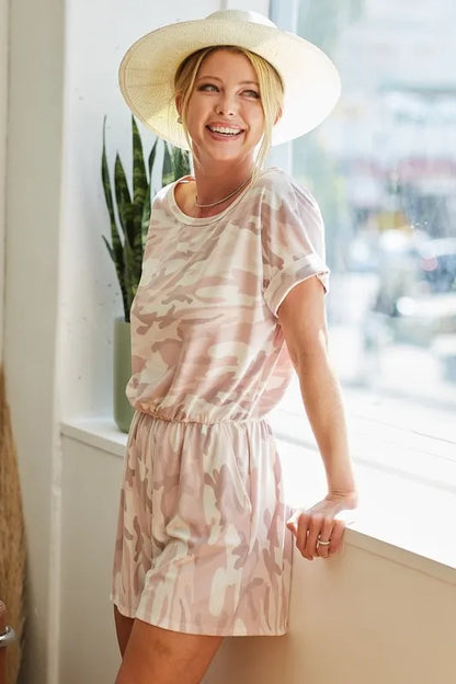 Trendsi camo print romper for women in light pink, ideal for casual summer outings
