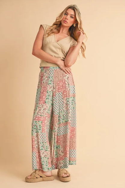 Trendy boho wide leg pants in floral patchwork design, perfect for casual summer outfits
