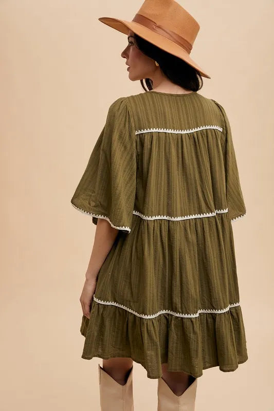 Annie Wear Tassel Contrast Trim Tie Neck Half Sleeve Tiered Dress-Soul Flow Apparel