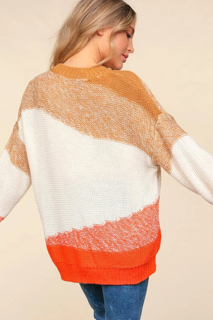 Trendsi Boho Color Block Sweater in warm tones with oversized fit and stylish design