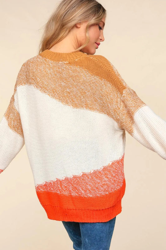 Trendsi Boho Color Block Sweater in warm tones with oversized fit and stylish design