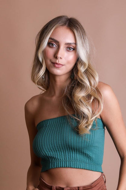 Leto Collection Boho Bandeau Top in Green with Ribbed Texture for Stylish Summer Outfits