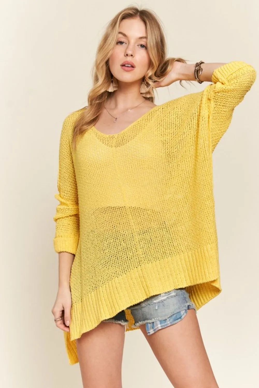 Trendsi Boho Loose Fit Sweater Top in Yellow with Oversized Design and Cozy Knit Texture
